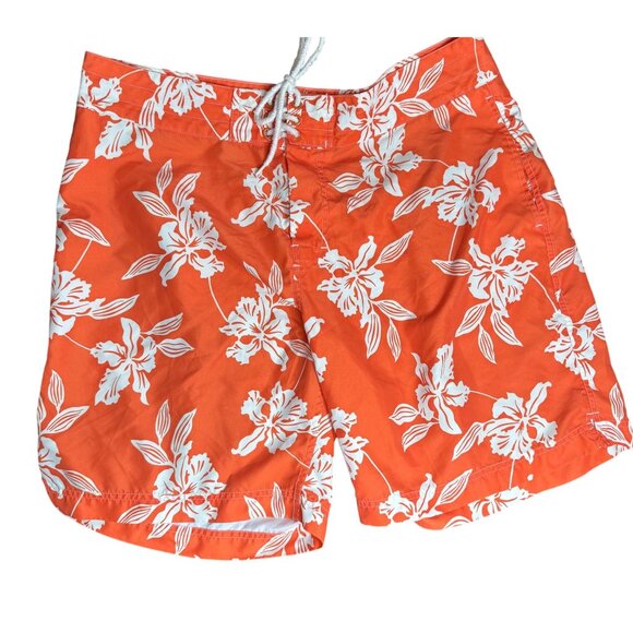 J.Crew Mens Board Shorts 38 Orange Floral Swim Trunks Hawaiian Beach - Picture 1 of 14